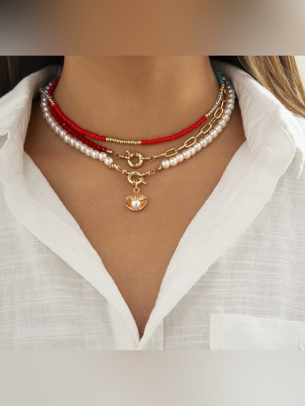 Layered Red Bead and Pearl Gold Necklace Set